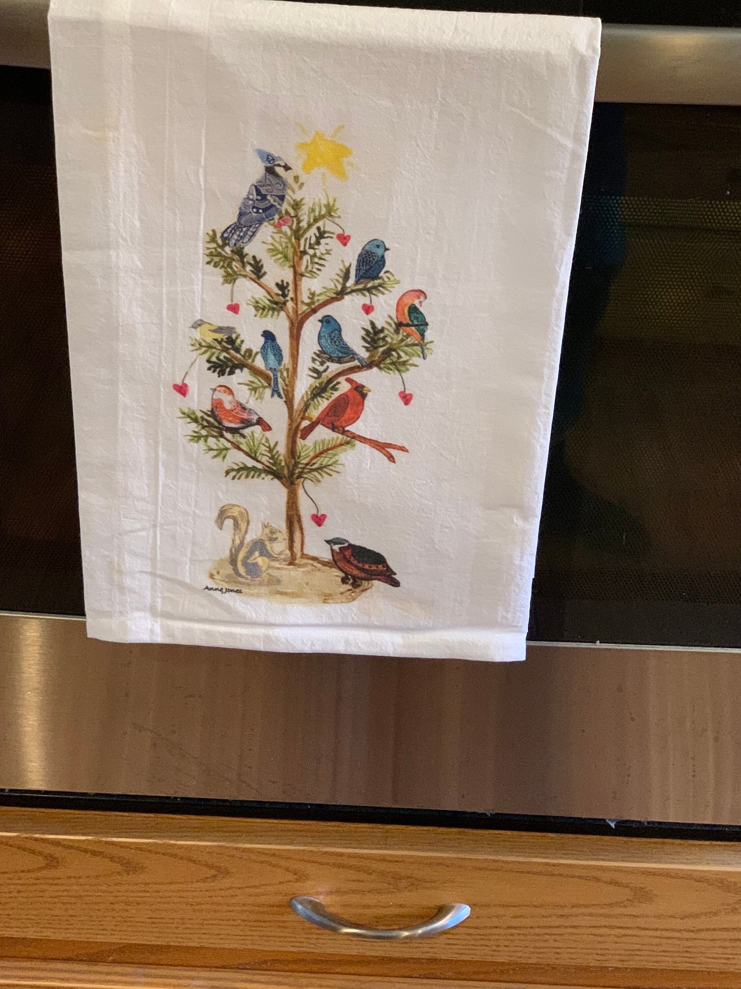 Holiday Tree of Birds, woodland birds, whimsical birds in tree, flour sack tea towel, holiday decor, winter wildlife, 18”x28” durable, cute!