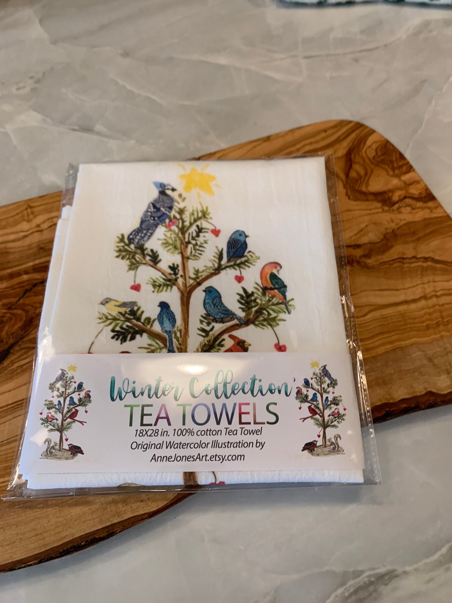 Holiday Tree of Birds, woodland birds, whimsical birds in tree, flour sack tea towel, holiday decor, winter wildlife, 18”x28” durable, cute!