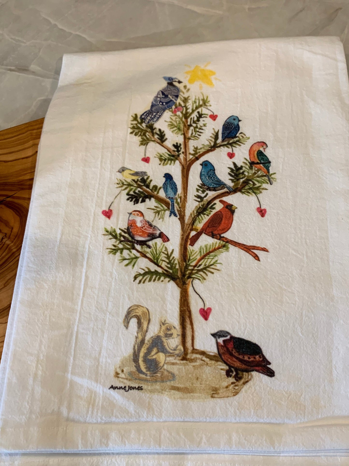 Holiday Tree of Birds, woodland birds, whimsical birds in tree, flour sack tea towel, holiday decor, winter wildlife, 18”x28” durable, cute!