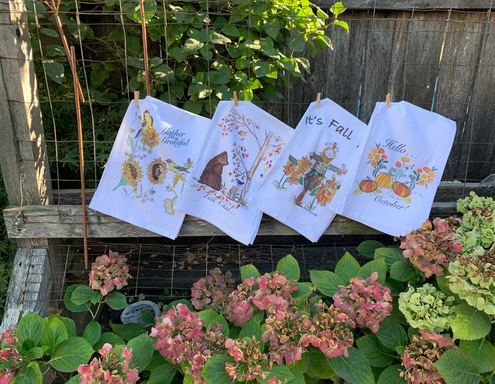 Gather and be Grateful Tea Towel, Fall kitchen Towels, Harvest Time, Sunflower dish towel, Yellow Finches, Thanksgiving housewarming gift.