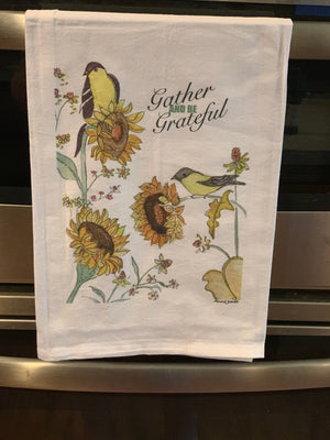 Gather and be Grateful Tea Towel, Fall kitchen Towels, Harvest Time, Sunflower dish towel, Yellow Finches, Thanksgiving housewarming gift.