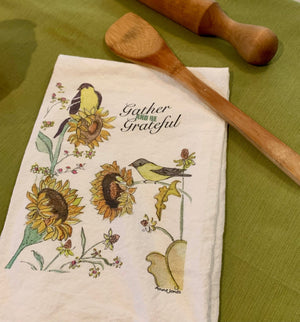 Gather and be Grateful Tea Towel, Fall kitchen Towels, Harvest Time, Sunflower dish towel, Yellow Finches, Thanksgiving housewarming gift.