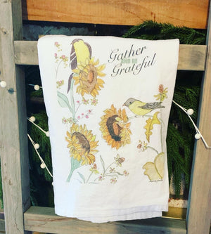 Gather and be Grateful Tea Towel, Fall kitchen Towels, Harvest Time, Sunflower dish towel, Yellow Finches, Thanksgiving housewarming gift.