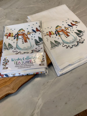 Tea Towel - Snowman with Wild Birds