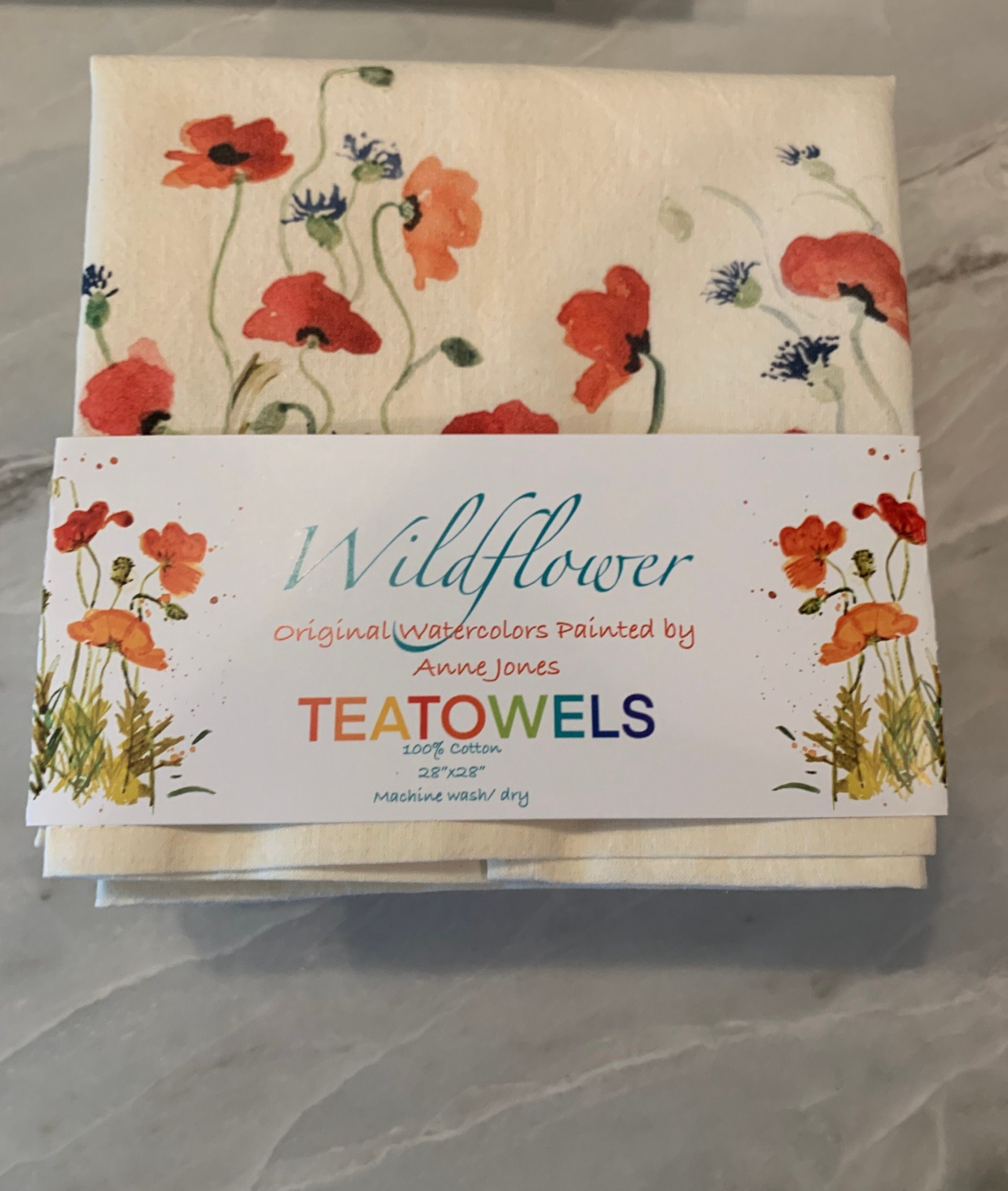 Tea Towel: Poppy Organic Cotton Watercolor Floral Dish Towel