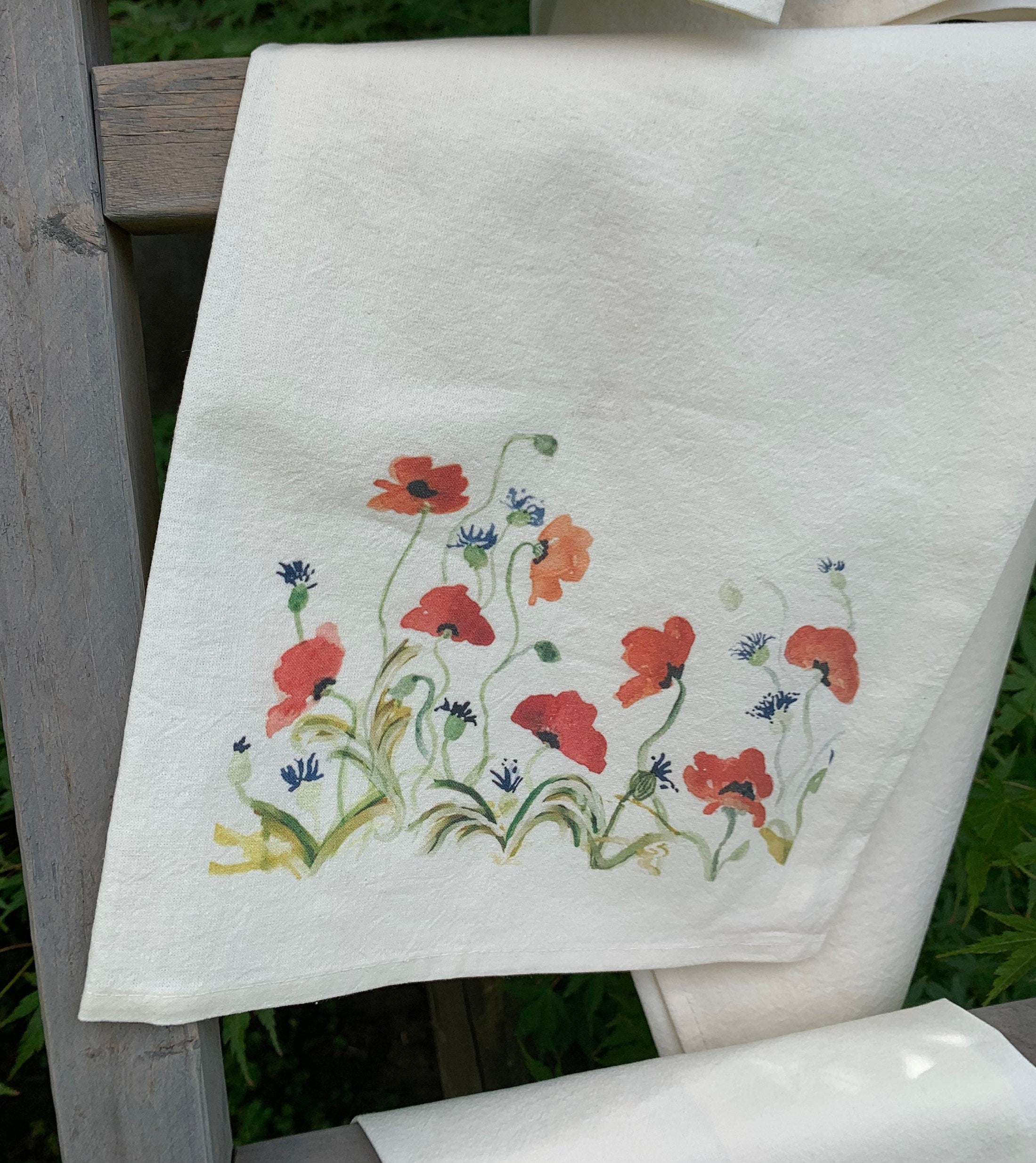 Tea Towel: Poppy Organic Cotton Watercolor Floral Dish Towel