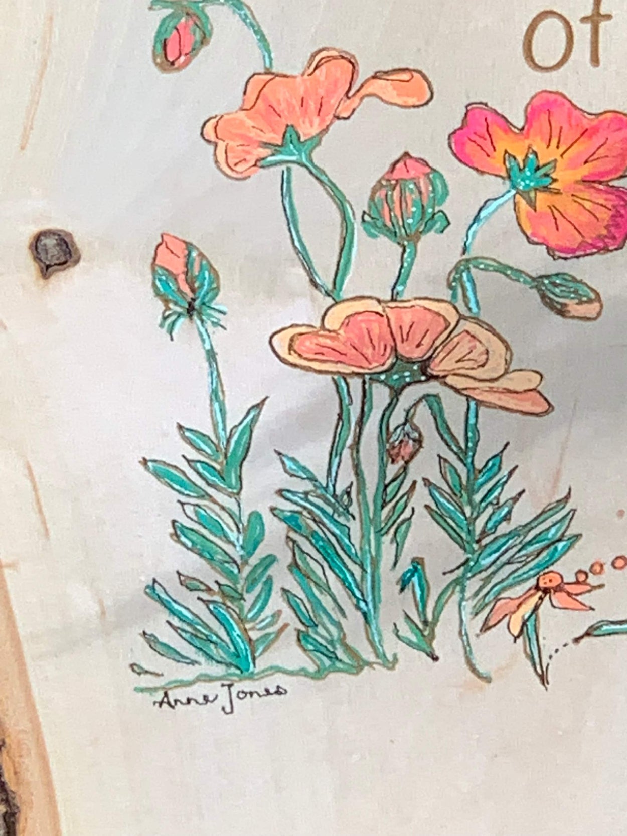 Wood Burned Gardens- Wildflower design- wood burned art- handprinted wildflowers- Walnut live edge slab plaque- wildflower quote- waterproof