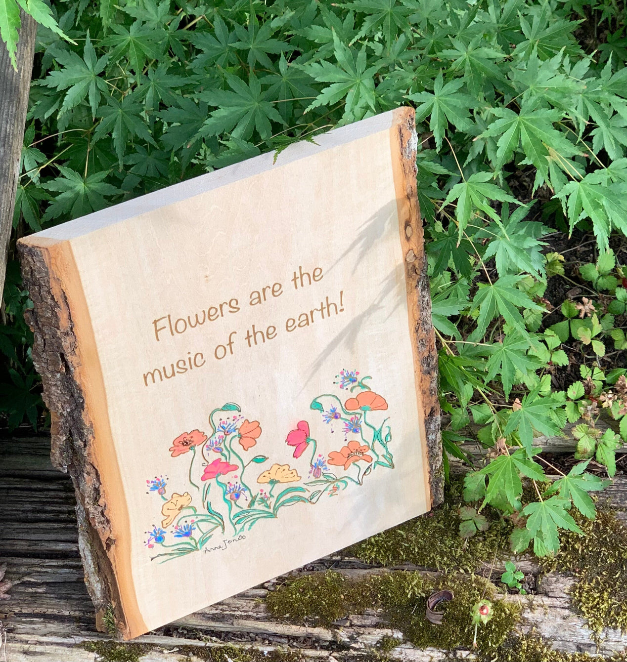 Wood Burned Gardens- Wildflower design- wood burned art- handprinted wildflowers- Walnut live edge slab plaque- wildflower quote- waterproof
