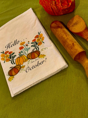 Hello October! Pumpkin tea towel, Fall decore, Pumpkin kitchen towel, Pumpkin barware towel.