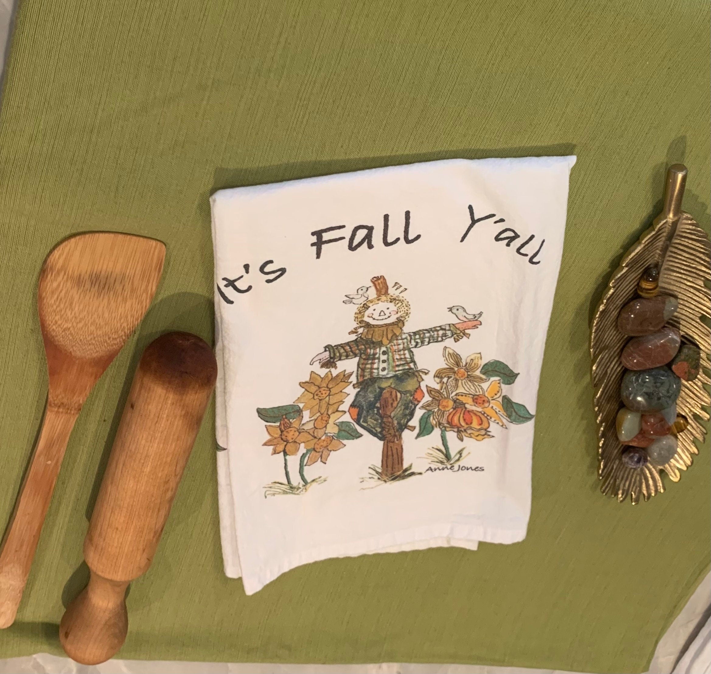 Tea Towel. Hand-Painted Scarecrow : Fall Kitchen Decor