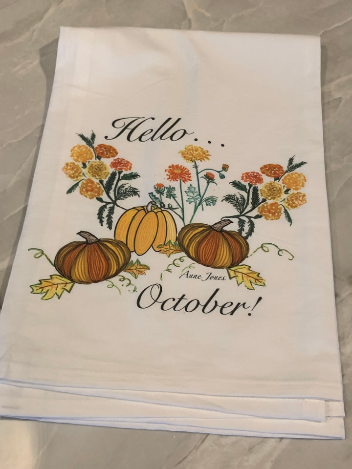 Hello October! Pumpkin tea towel, Fall decore, Pumpkin kitchen towel, Pumpkin barware towel.