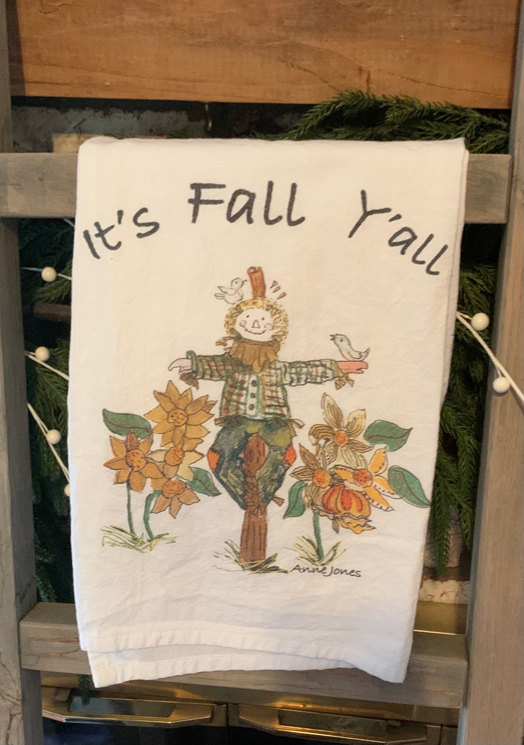 Tea Towel. Hand-Painted Scarecrow : Fall Kitchen Decor