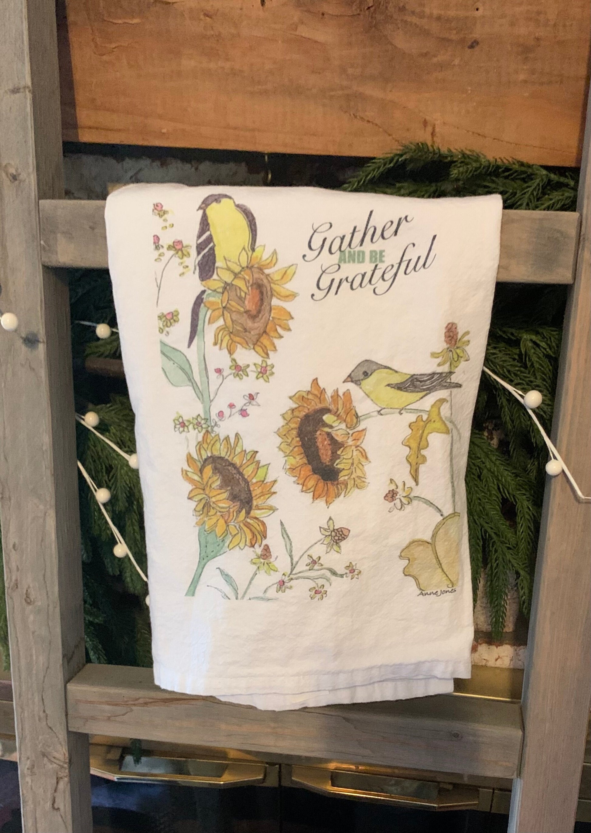 Gather and be Grateful Tea Towel, Fall kitchen Towels, Harvest Time, Sunflower dish towel, Yellow Finches, Thanksgiving housewarming gift.