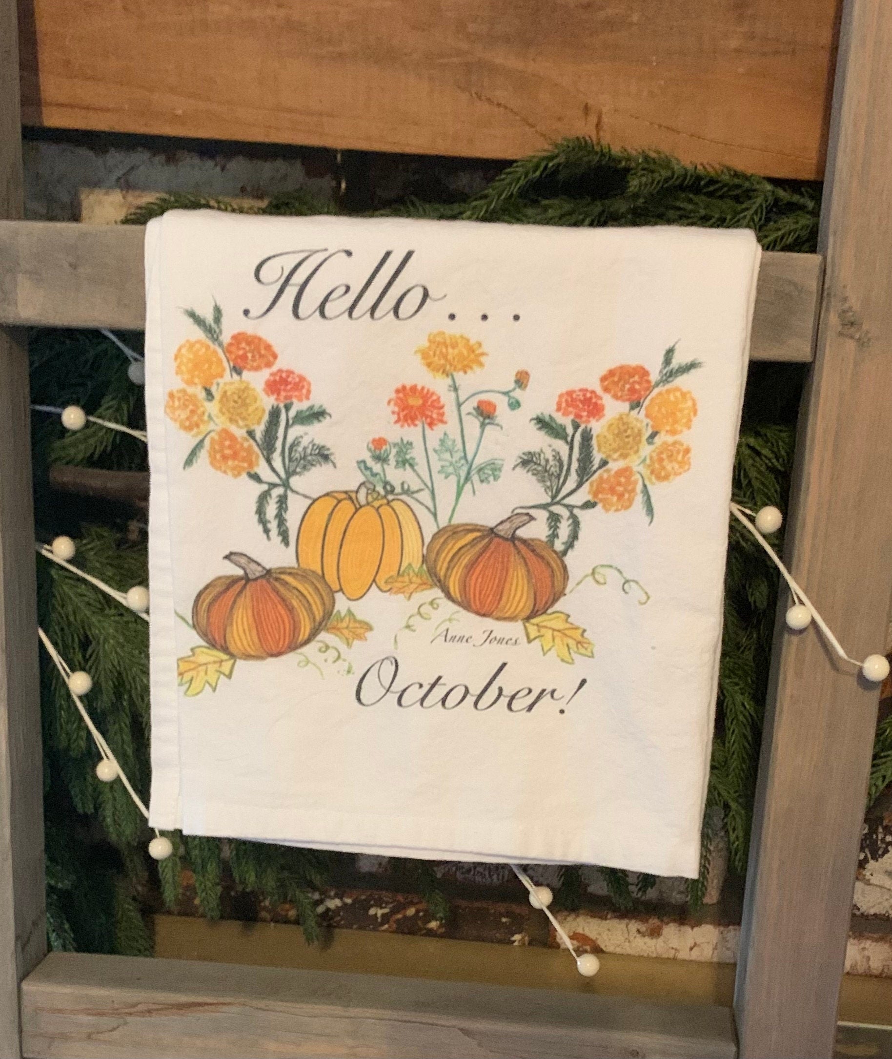Hello October! Pumpkin tea towel, Fall decore, Pumpkin kitchen towel, Pumpkin barware towel.