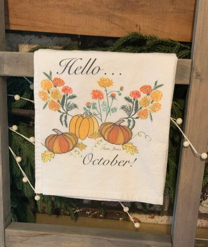 Hello October! Pumpkin tea towel, Fall decore, Pumpkin kitchen towel, Pumpkin barware towel.