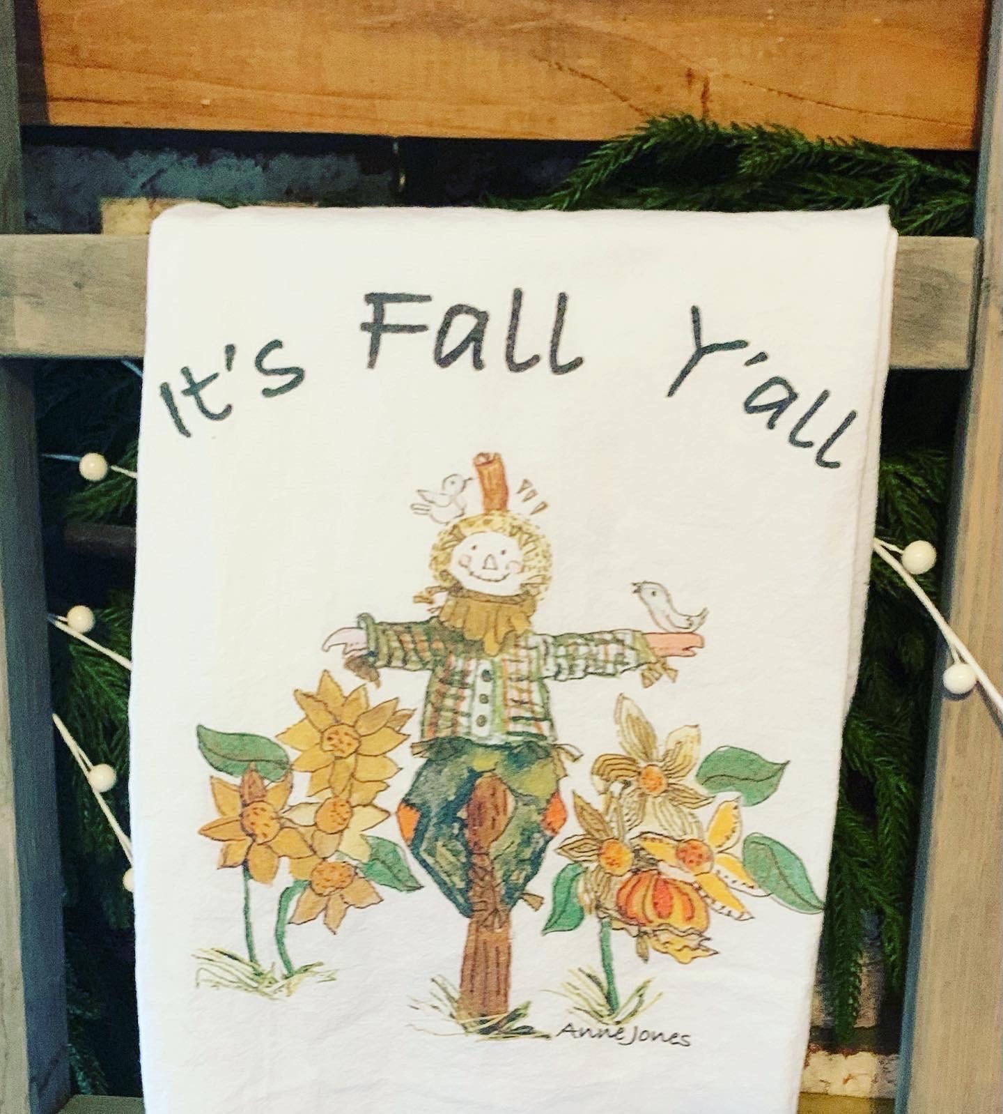 Tea Towel. Hand-Painted Scarecrow : Fall Kitchen Decor