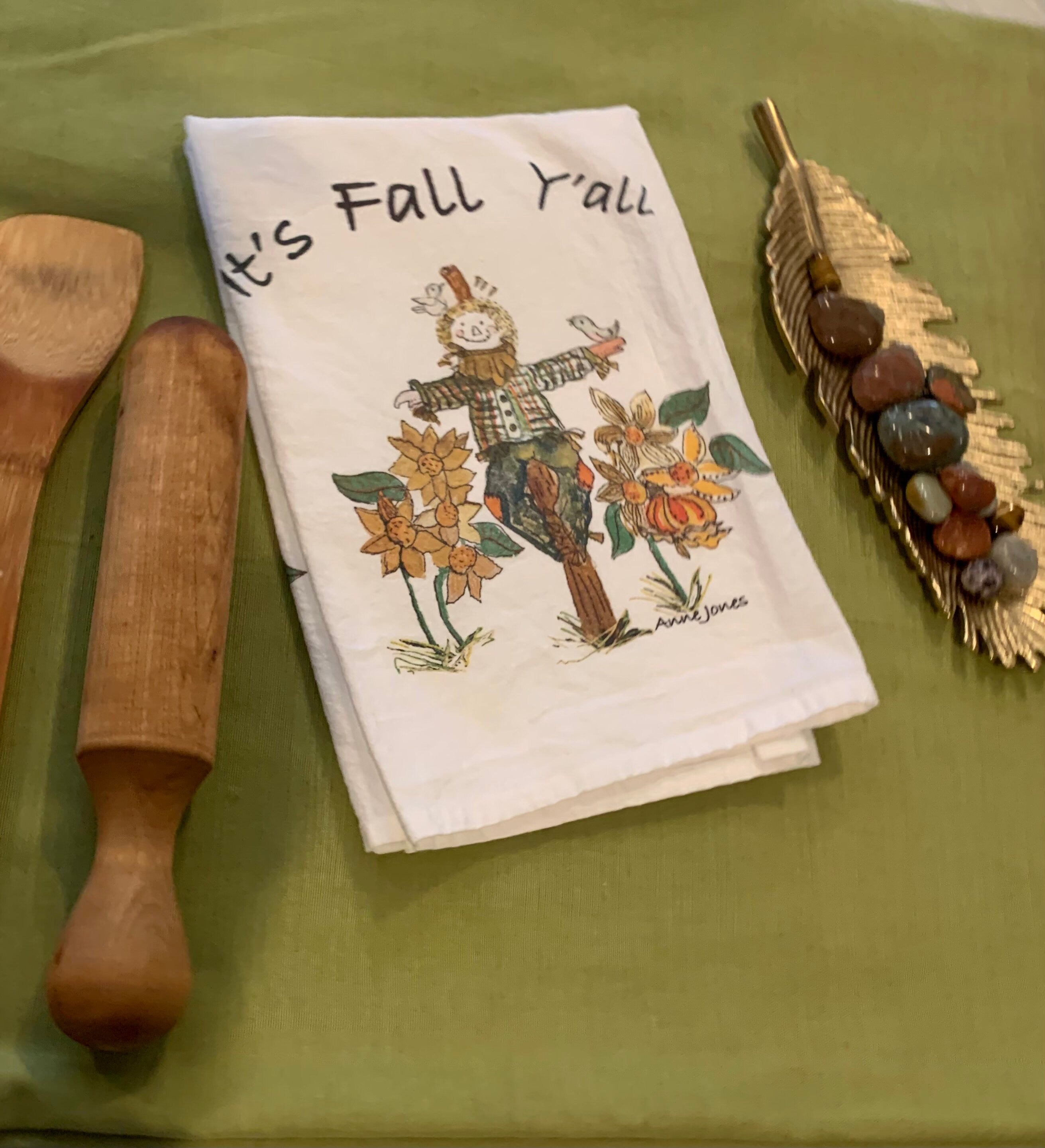 Tea Towel. Hand-Painted Scarecrow : Fall Kitchen Decor