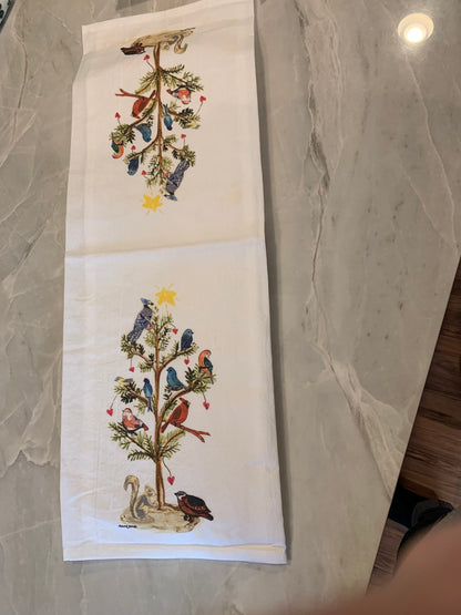 Holiday Tree of Birds, woodland birds, whimsical birds in tree, flour sack tea towel, holiday decor, winter wildlife, 18”x28” durable, cute!