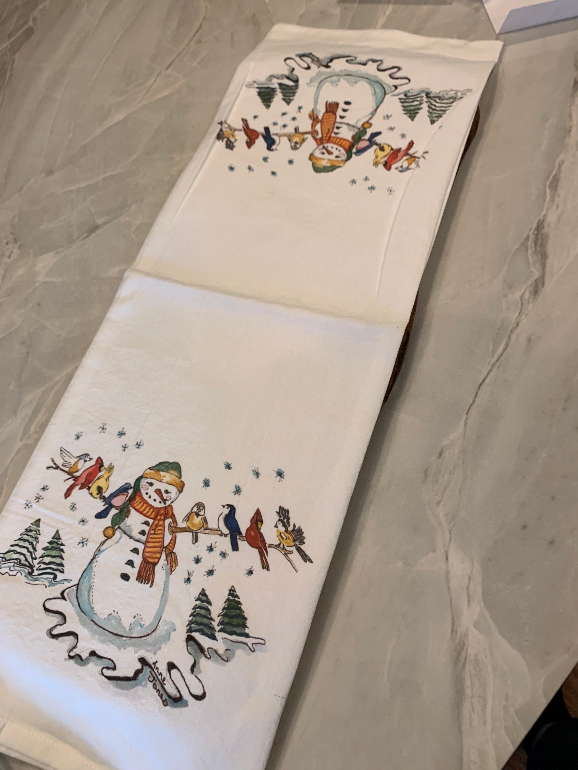 Tea Towel. Snowman Winter Birds, Woodsy Cabin Decor