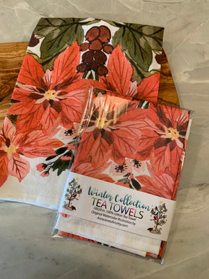 Tea Towel. Poinsettia Holiday Floral, Kitchen Decor, 100% Cotton (18”x28”)