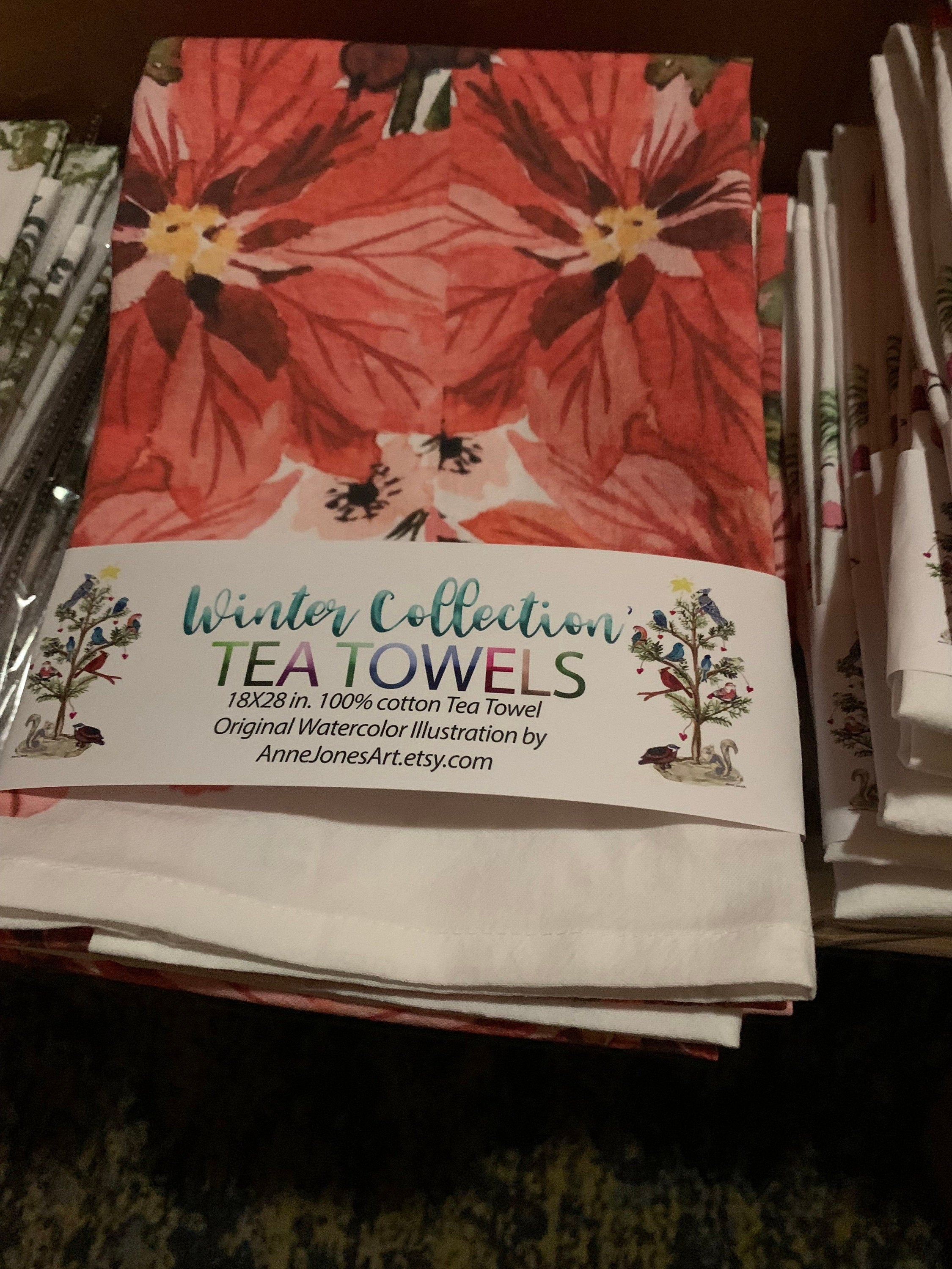 Tea Towel. Poinsettia Holiday Floral, Kitchen Decor, 100% Cotton (18”x28”)