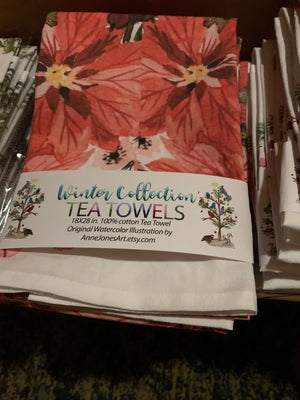 Tea Towel. Poinsettia Holiday Floral, Kitchen Decor, 100% Cotton (18”x28”)