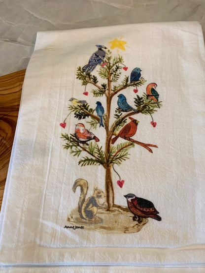 Holiday Tree of Birds, woodland birds, whimsical birds in tree, flour sack tea towel, holiday decor, winter wildlife, 18”x28” durable, cute!