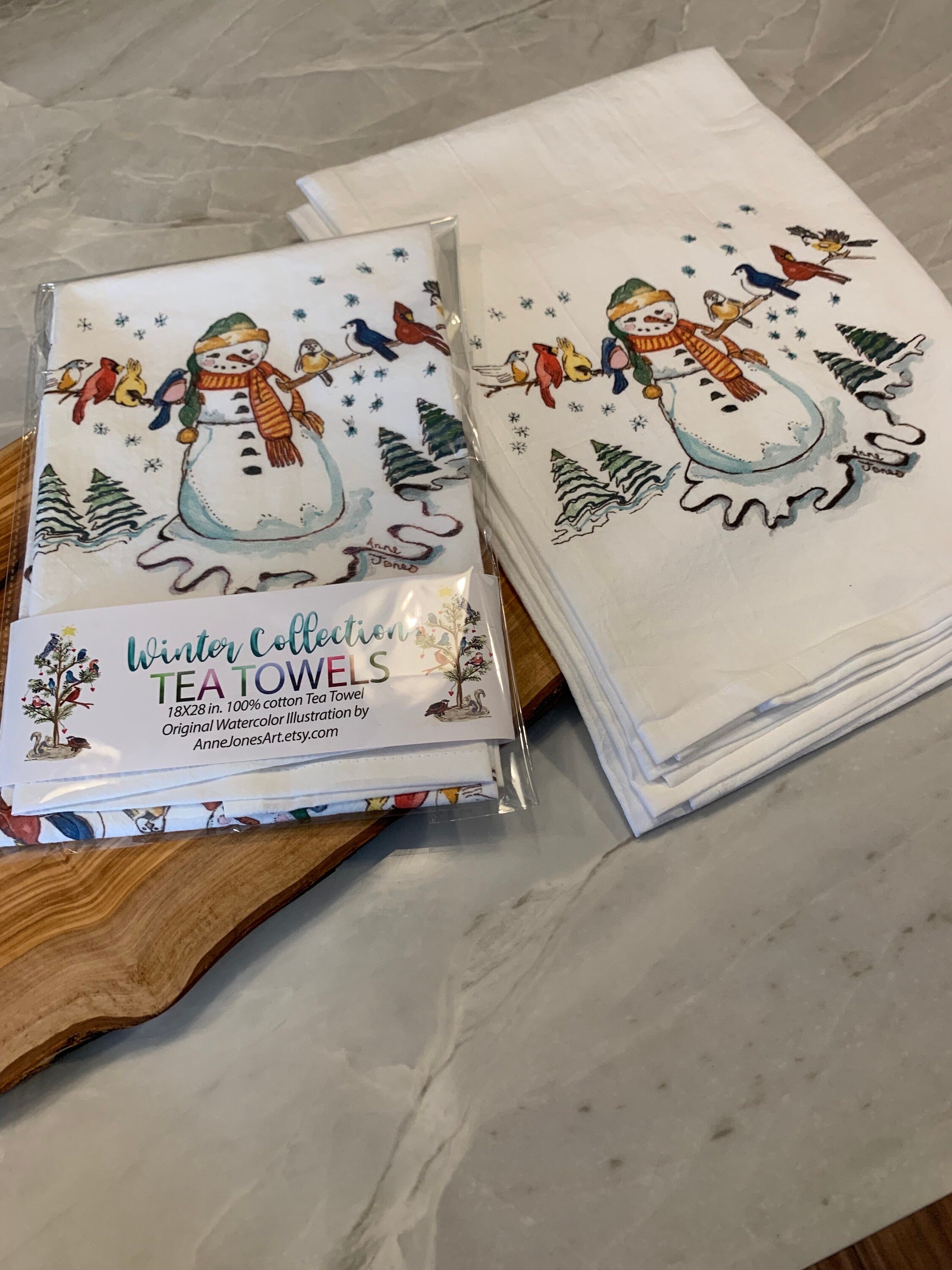 Tea Towel. Snowman Winter Birds, Woodsy Cabin Decor