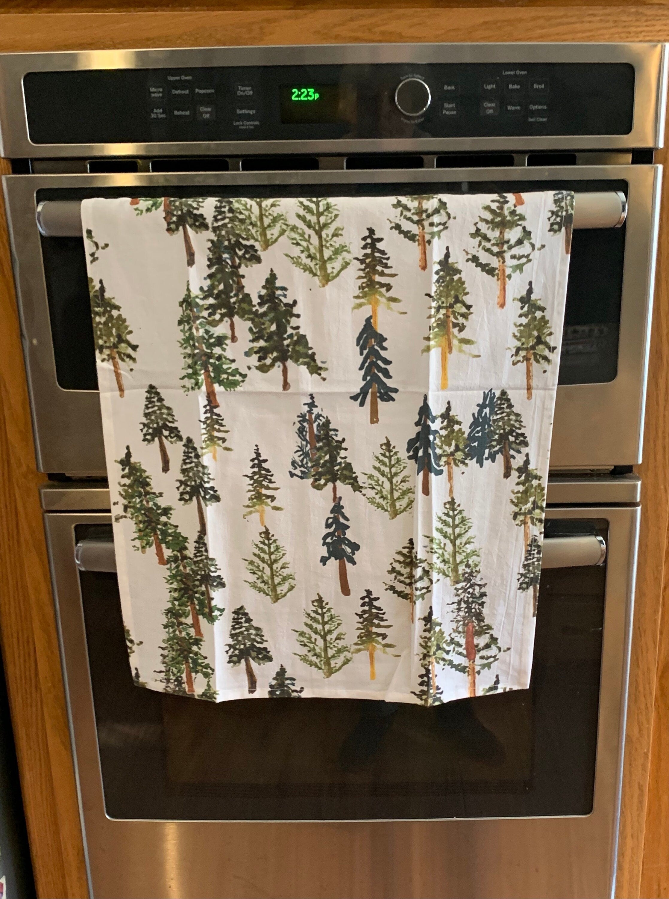 Forest Evergreen Trees Tea Towel Flour Sack Cotton Kitchen Linen Nature Wilderness Pine Design Hostess Gift Idea Housewarming Present Cabin Styling Rustic Home Addition Dish Cloth Bar Display Hanging Kitchen Essential Bread Basket Liner