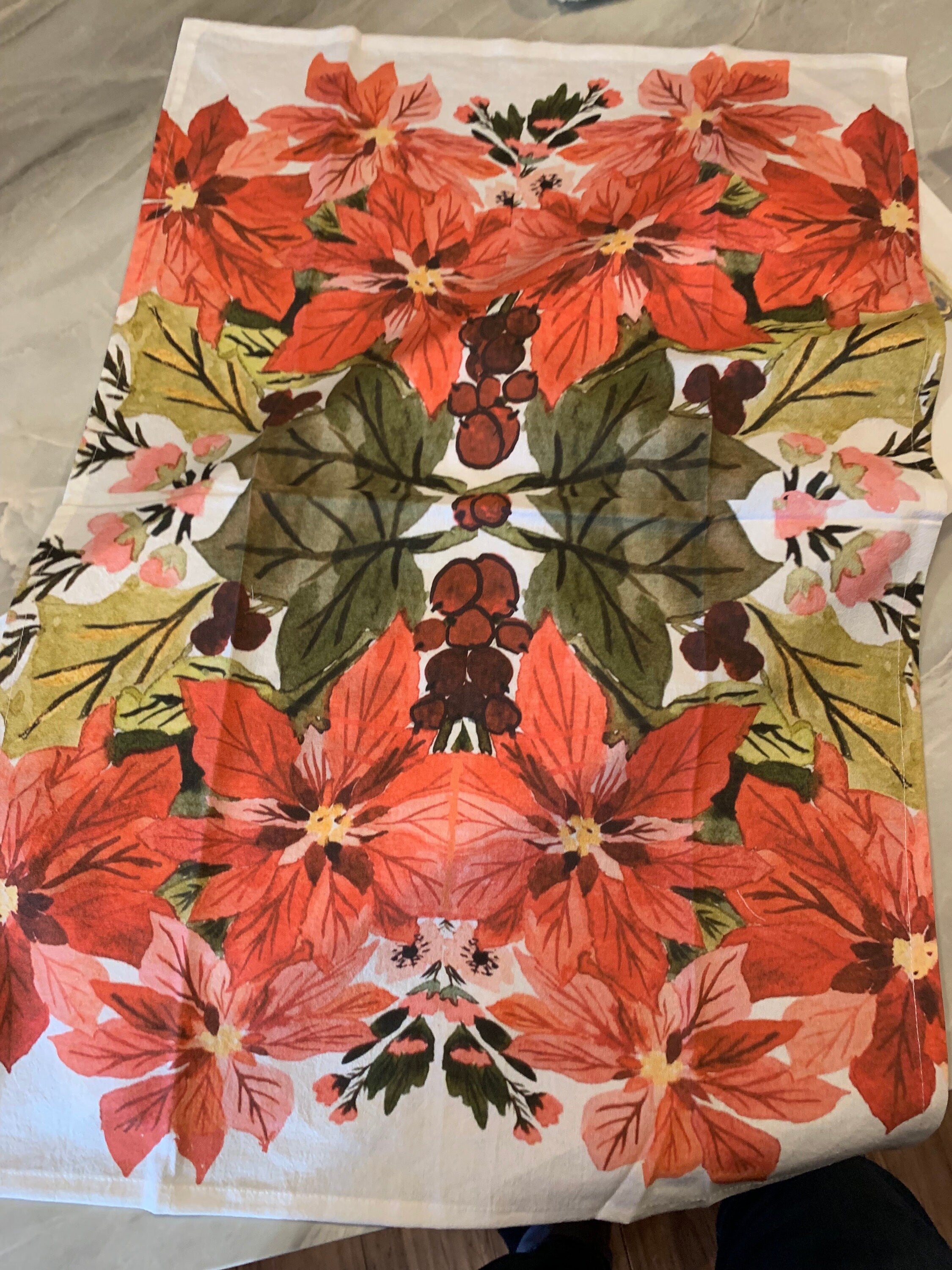 Tea Towel. Poinsettia Holiday Floral, Kitchen Decor, 100% Cotton (18”x28”)