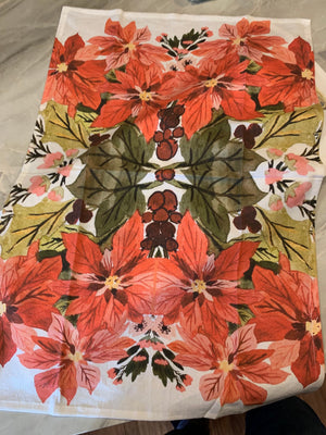 Tea Towel. Poinsettia Holiday Floral, Kitchen Decor, 100% Cotton (18”x28”)