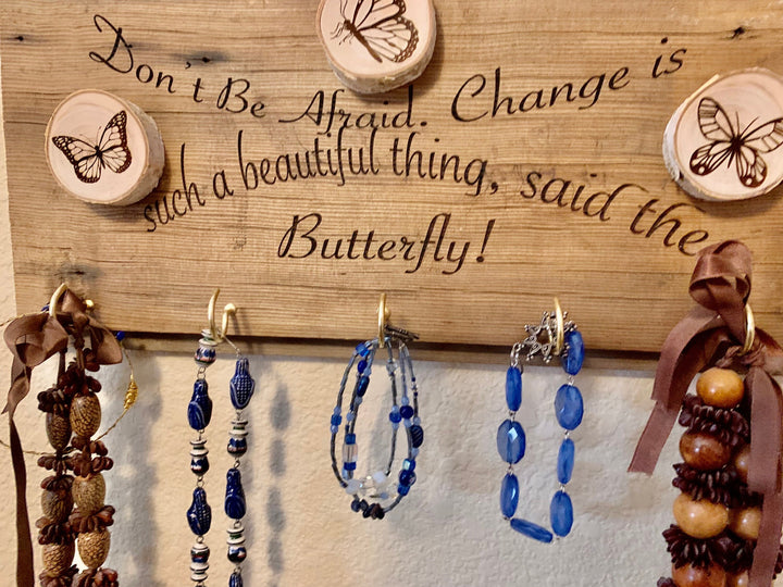 Barn Wood Butterfly Quote board…. Created as a favorite Jewelry organizer,or kitchen decor for coffee mugs, hairbows, or your Keys,
