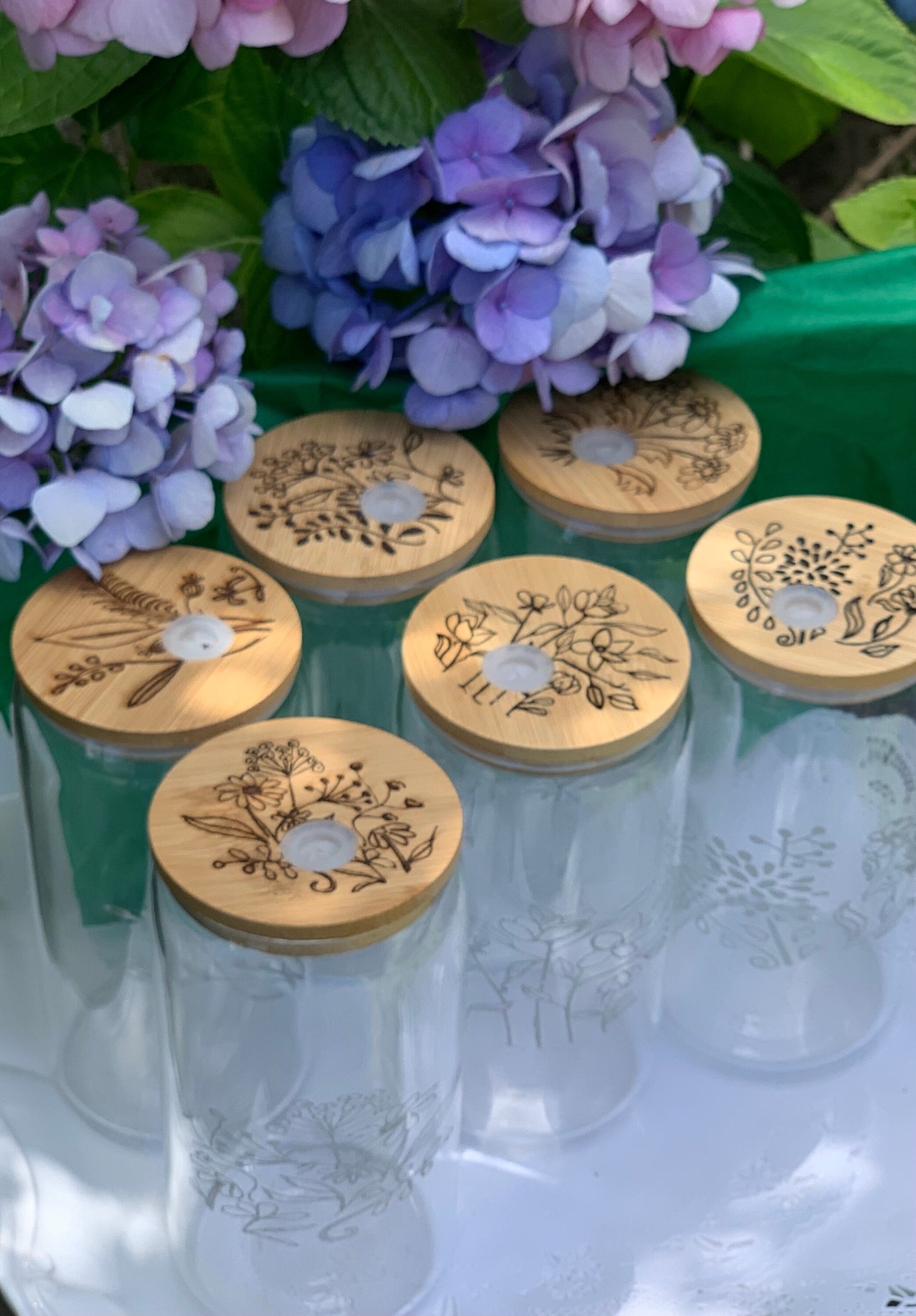 Set of 6 Etched Glass Cans with Bamboo Lids – Floral Variety Designs