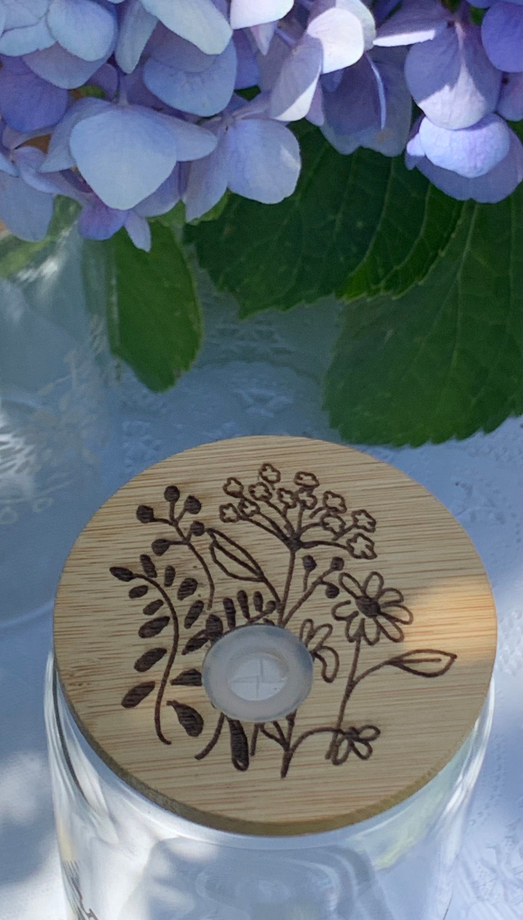 Set of 6 Etched Glass Cans with Bamboo Lids – Floral Variety Designs