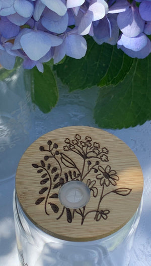 Set of 6 Etched Glass Cans with Bamboo Lids – Floral Variety Designs
