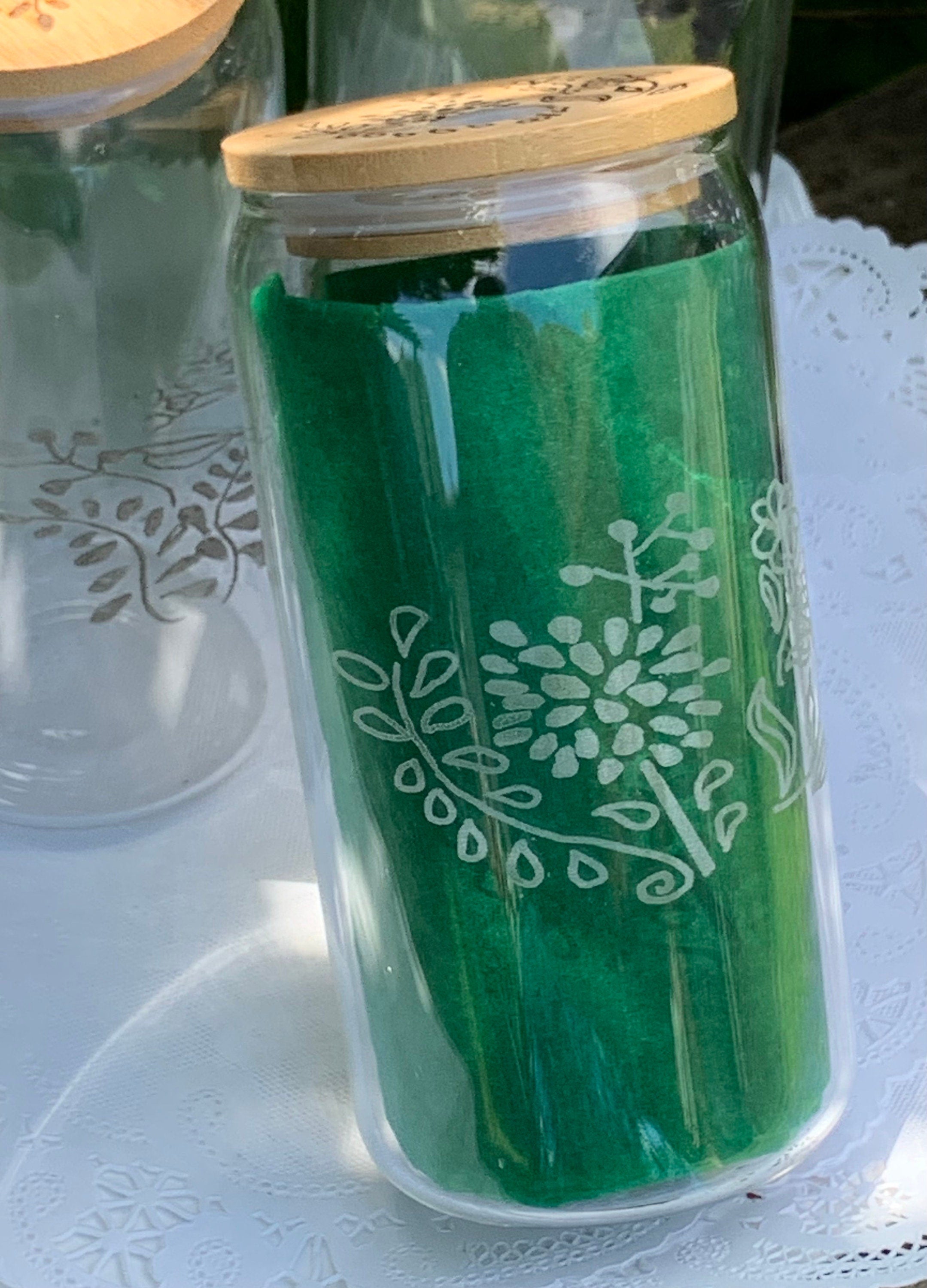 Set of 6 Etched Glass Cans with Bamboo Lids – Floral Variety Designs