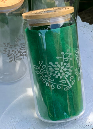 Set of 6 Etched Glass Cans with Bamboo Lids – Floral Variety Designs