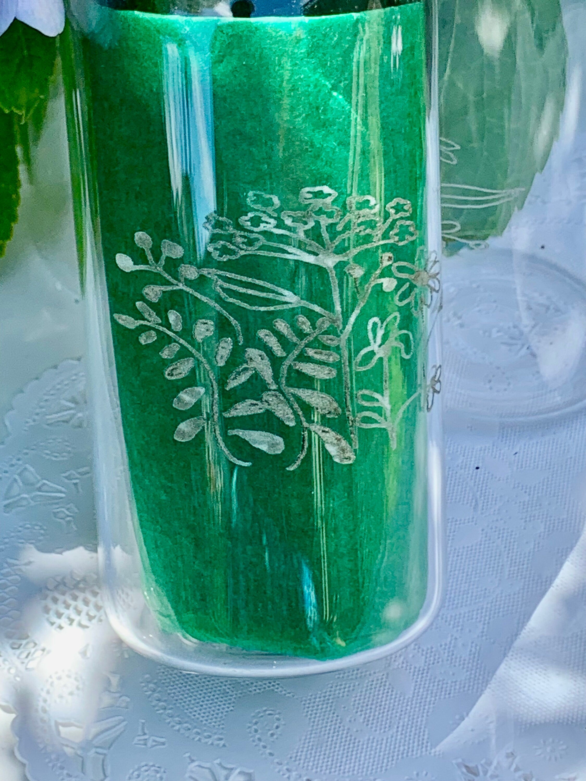 Botanical Beverage Jar Etched Glass zoomed in design Design Glass Can Wildflower Pattern Detail   Eco Friendly Drinking Container Natural Material Construction Sustainable Home Essential