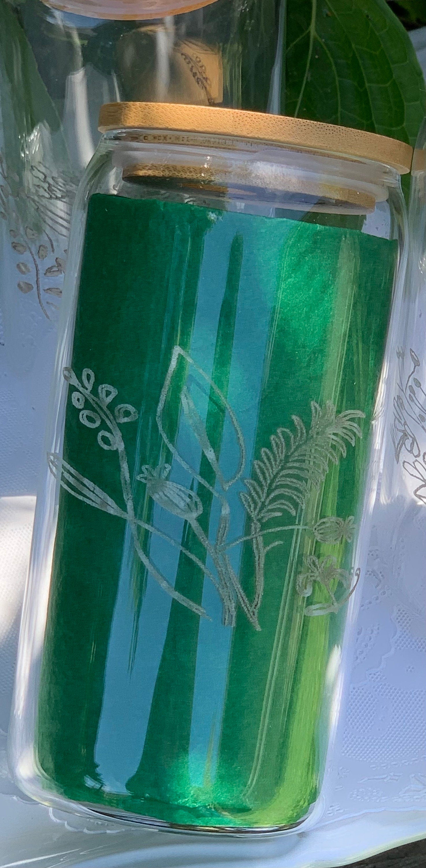 Set of 6 Etched Glass Cans with Bamboo Lids – Floral Variety Designs
