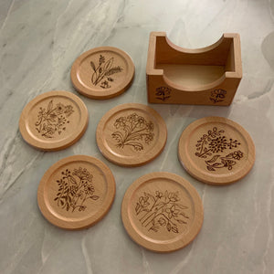 Wildflower Coasters (6) Designs are all different. They match my Glass Can designs. Laser burned. Bamboo. Great for cocktail parties.