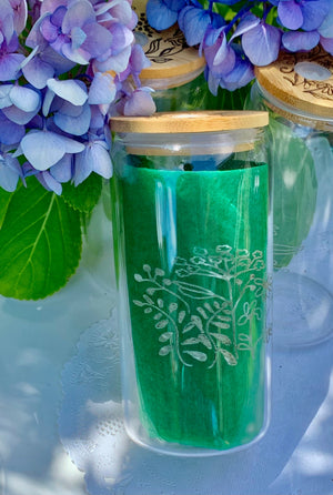Side  View Botanical Beverage Jar Etched Glass zoomed in design Design Glass Can Wildflower Pattern Detail   Eco Friendly Drinking Container Natural Material Construction Sustainable Home Essential Side view of bamboo lid