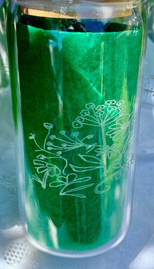 Set of 6 Etched Glass Cans with Bamboo Lids – Floral Variety Designs