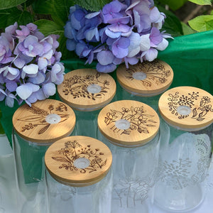 Glass Cans with 6 Wildflower designs, Glass Etching Design on glass. Matching Laser Design on Lid
