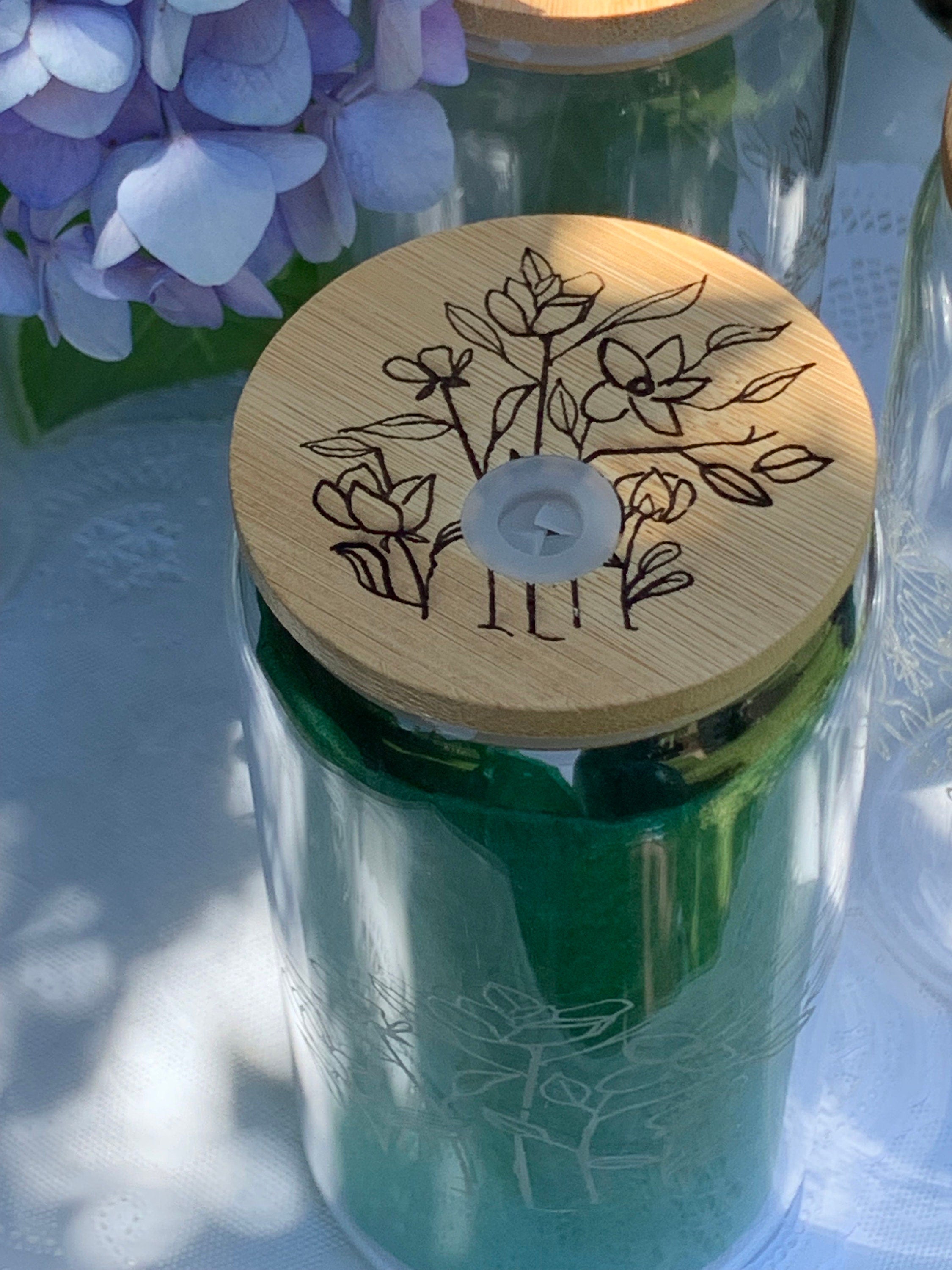 Set of 6 Etched Glass Cans with Bamboo Lids – Floral Variety Designs