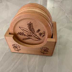 Wildflower Coasters (6) Designs are all different. They match my Glass Can designs. Laser burned. Bamboo. Great for cocktail parties.