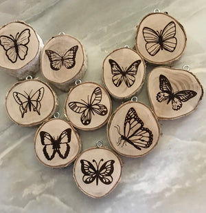 Wood Burned Butterfly Ornaments, Natural Wood Slices, Coloring Activity For Kids