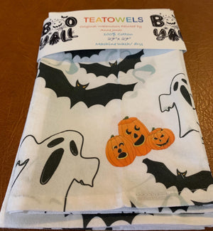 Tea Towel Halloween Hand-Painted Pumpkins, Ghosts & Bats