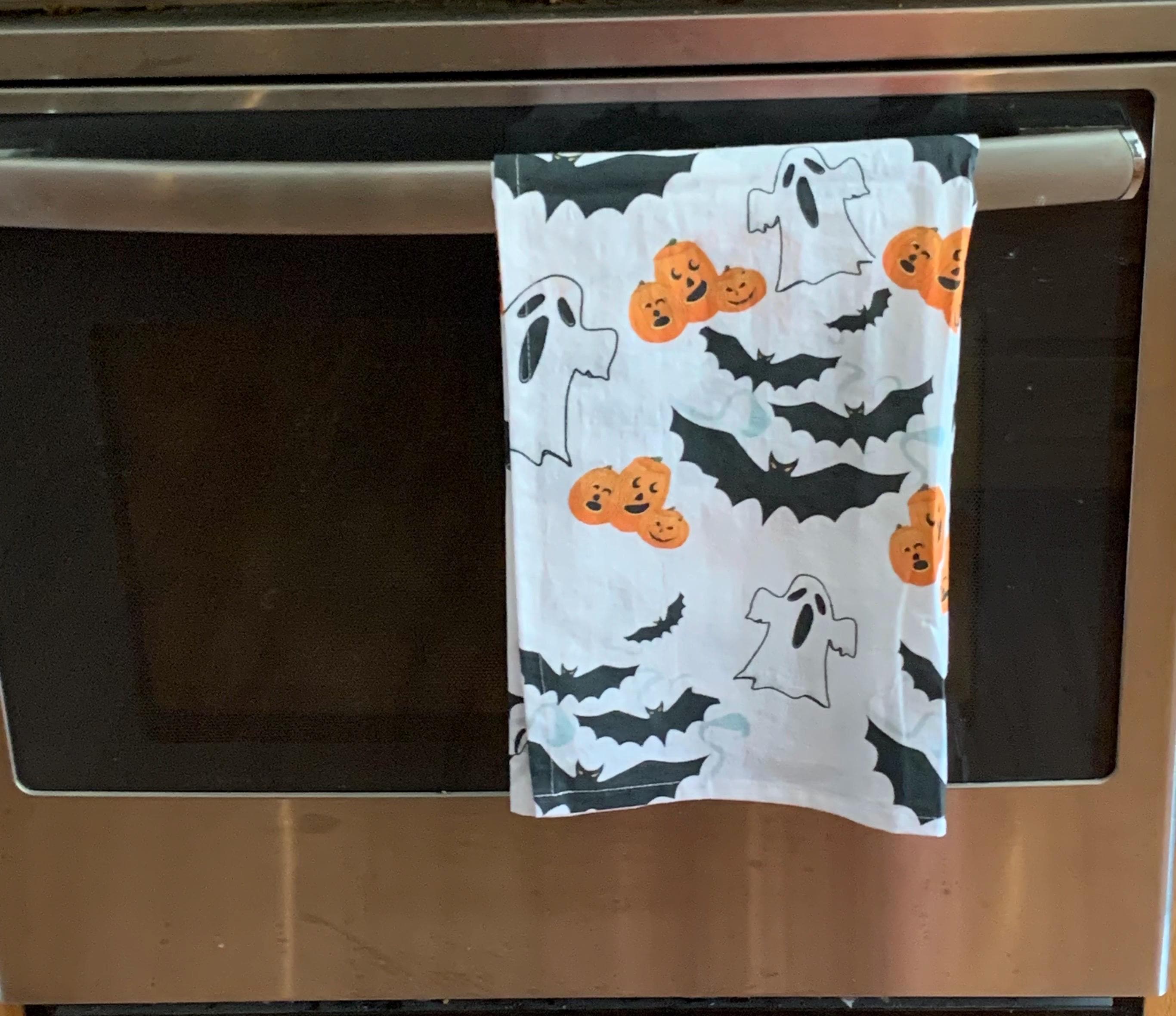 Tea Towel Halloween Hand-Painted Pumpkins, Ghosts & Bats