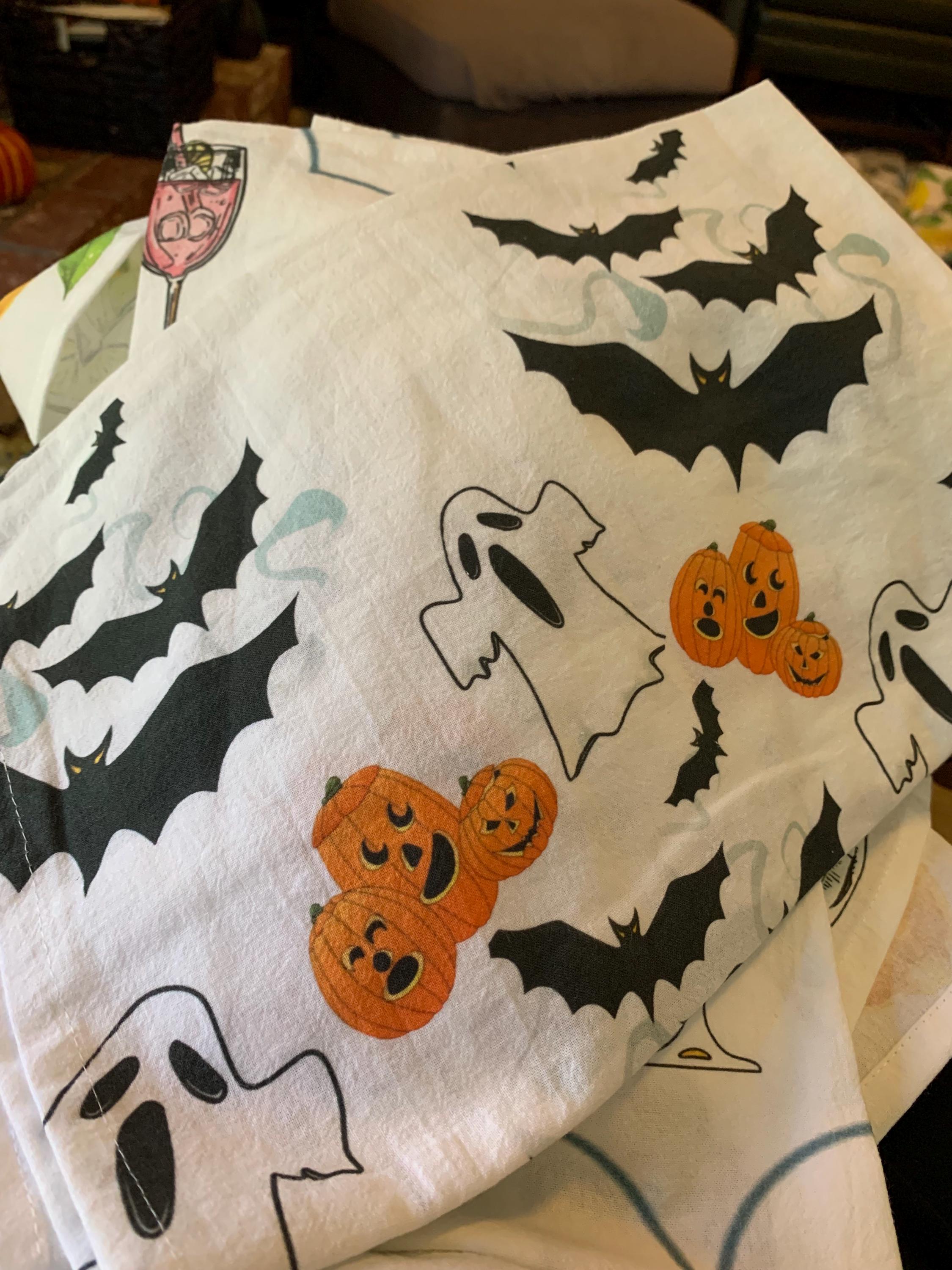 Tea Towel Halloween Hand-Painted Pumpkins, Ghosts & Bats