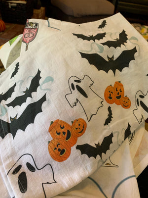 Tea Towel Halloween Hand-Painted Pumpkins, Ghosts & Bats